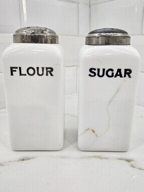 VTG Hazel Atlas Milk Glass FLOUR SUGAR Shakers Square Black Letters 40s **READ**